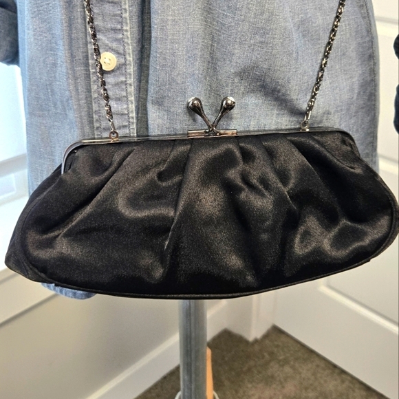 VINTAGE JESSICA MCCLINTOCK BLACK SATIN EVENING BAG CROSSBODY PURSE FORMAL PROM - Picture 1 of 12